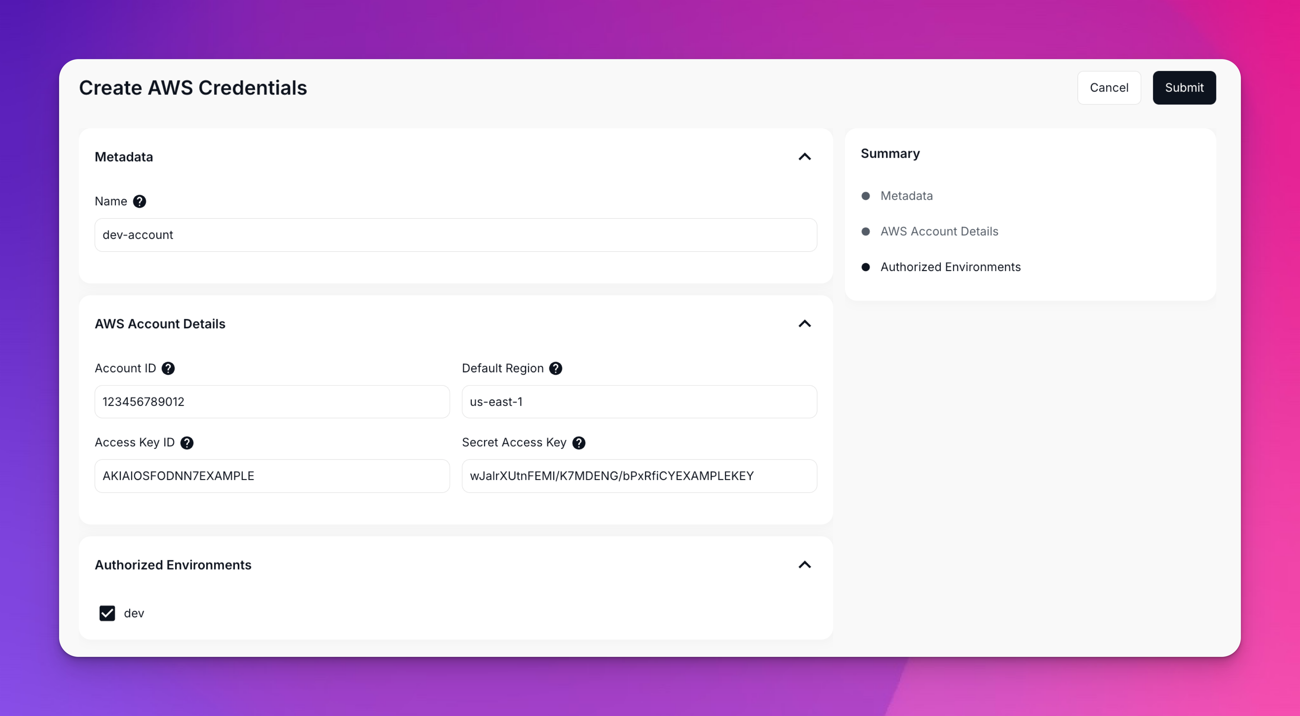 AWS connection form with environment authorization checkboxes