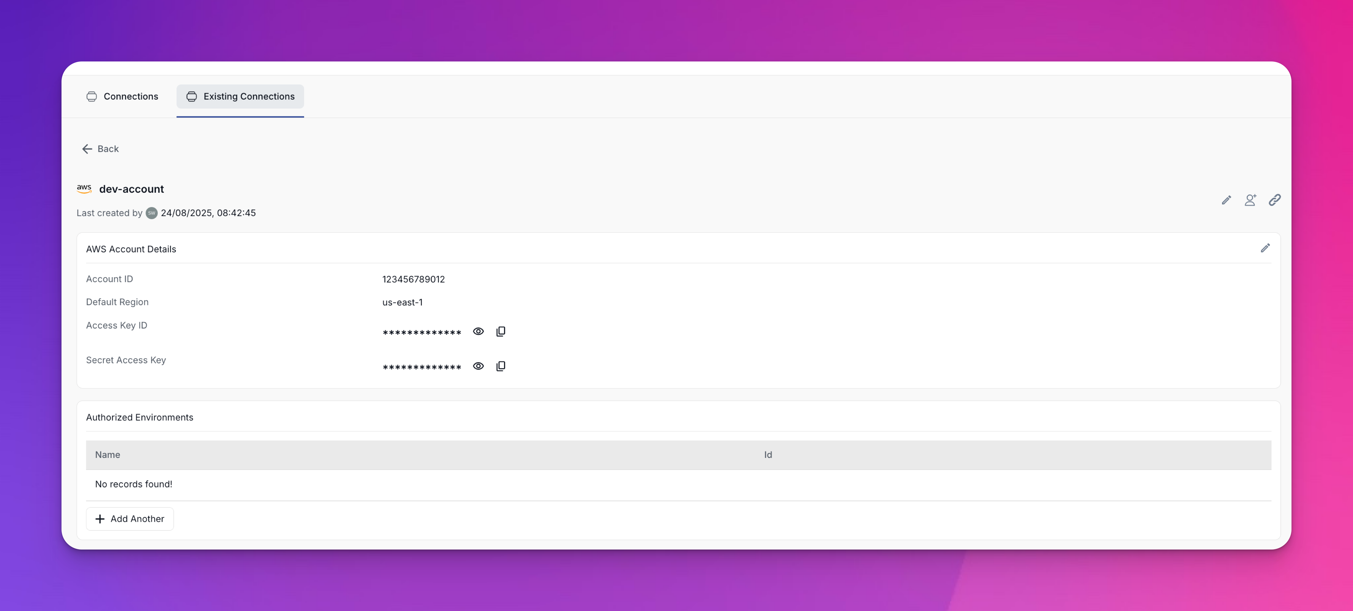 Connection details page showing AWS dev account details