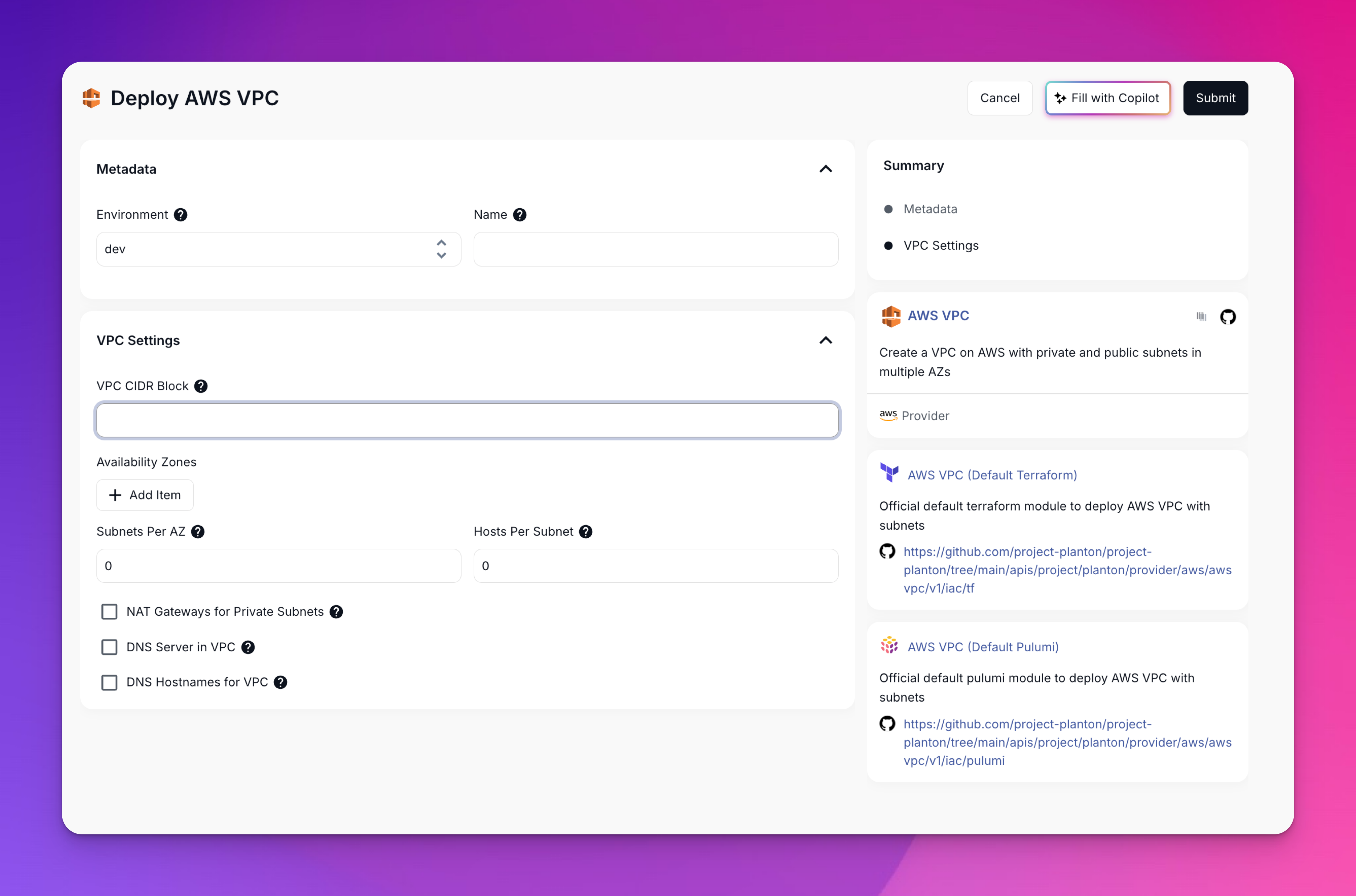Stack Job progress showing VPC creation steps