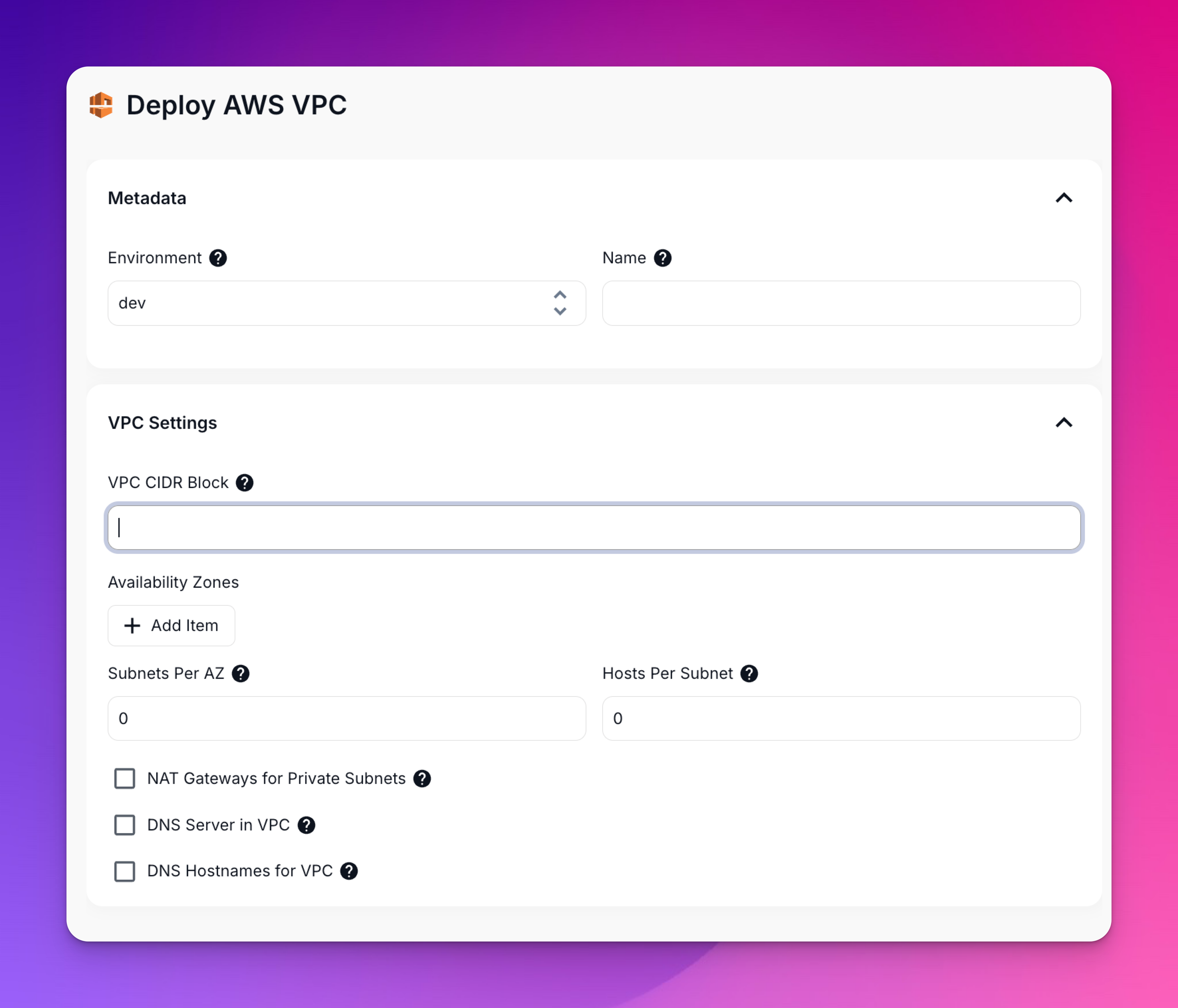 VPC deployment form with configuration options