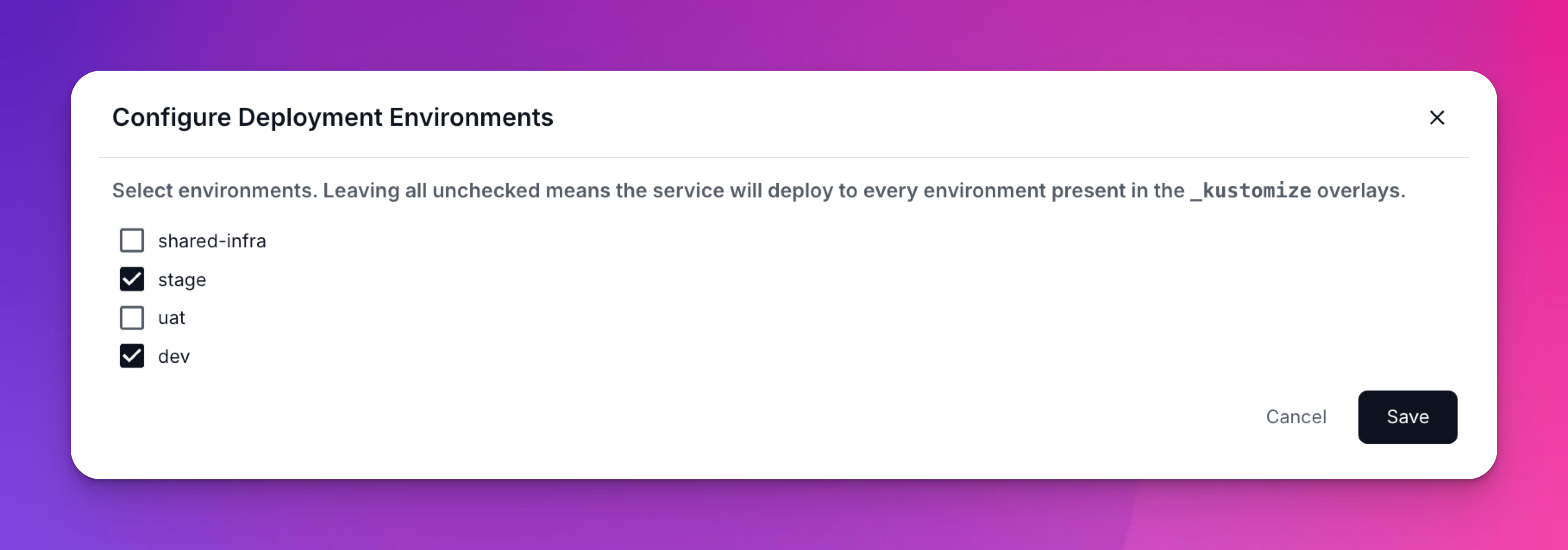 Deployment environment selector