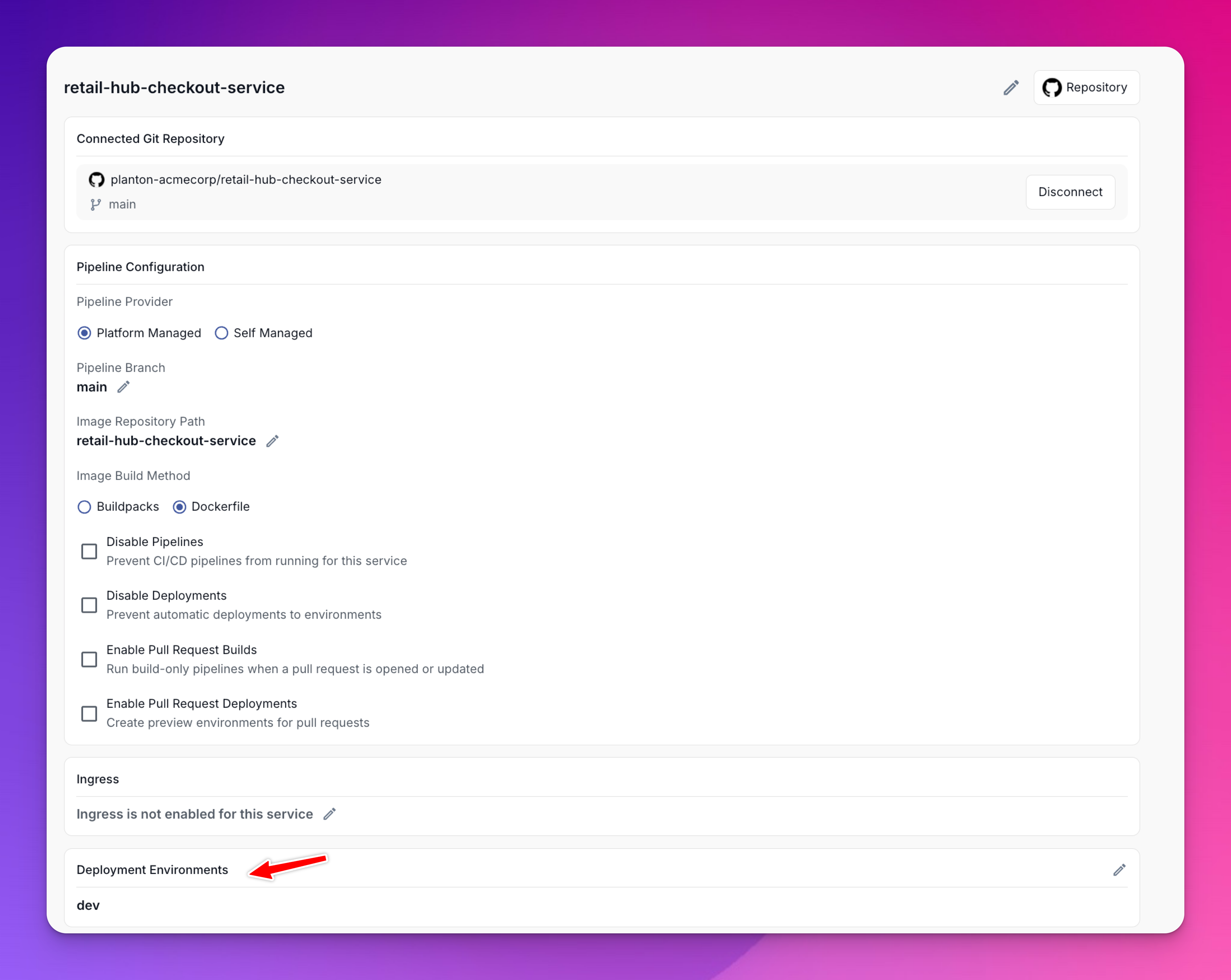 Service showing deployment environments configuration
